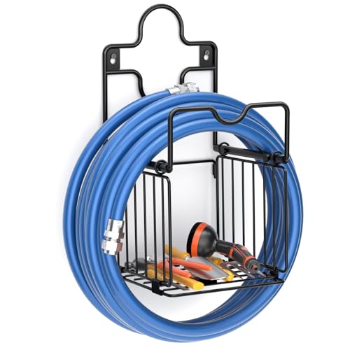 Garden Hose Holders for Outside Metal Water Hose Holder Wall Mount Hose Hanger with Storage Basket Heavy Duty Waterhose Holder for Outside Hose Rack Outdoor Hose Caddy Hook for Garden Organizer Black