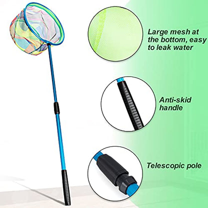 Kids Fishing Net, 2 Pack Telescopic Landing Nets with Aluminum Pole Handle, Collapsible Bucket Sand Pail, Butterfly Net, Fishing Net for Youth, Outdoor Playing - color: Blue and Orange