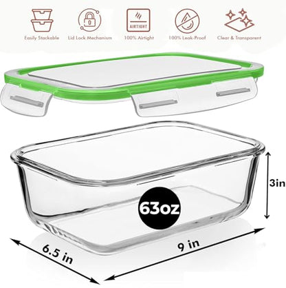 Razab 4 PC 1860ml / 63 Oz / 8 Cups Large Glass Food Storage Containers with Lids - Glass Meal Prep Containers for Roasting & Storing Leftover, Lunch Container with Lids, Microwave & Oven Safe - color: Green