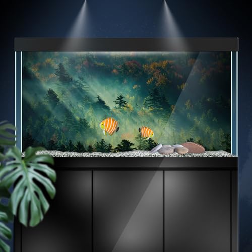 Aquarium Background Stickers - Forest, Trees, Light, Mist - Fish Tank Reptile Terrarium Decor Poster (45 x 30 cm / (17.7 x 11.8 inches))