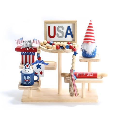 4th of July Decorations Patriotic Tiered Tray Decor Set, 6 Pieces Fourth of July Memorial Day Decorations for Home Office Independence Day Centerpieces for Table Shelf Tray Red White and Blue Decor - color: 4th of July