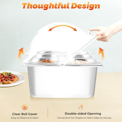Countertop Ice Food Serving Display Tray, Buffet Cold Serving Cooler Platter with 90°Clear Roll Top Cover, 6 Pan Stainless Steel Food Serving Tray,Rubber Stoppers, Dual Use for Hot&Cold, Silvery
