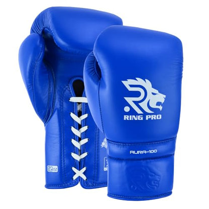 Aura 100 Full Grain Leather Lace Up Boxing Gloves for Men & Women – Professional Training, Sparring, Competition, Muay Thai, Kickboxing & Heavy Bag Gloves - color: Blue, size: 10 OZ