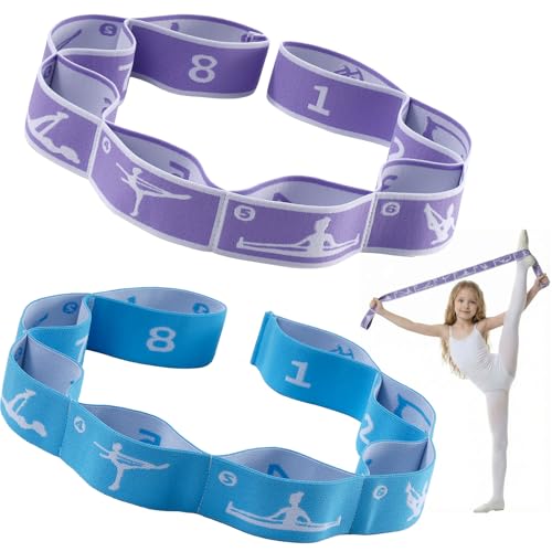 2 PCS Stretch Strap for Kids Gymnastics Multi-Loop Elastic Strap for Ballet, Latin, Dance, Yoga, Children Flexibility Training & Exercise Resistance Yoga Band- 8 Loops - color: Blue&Purple