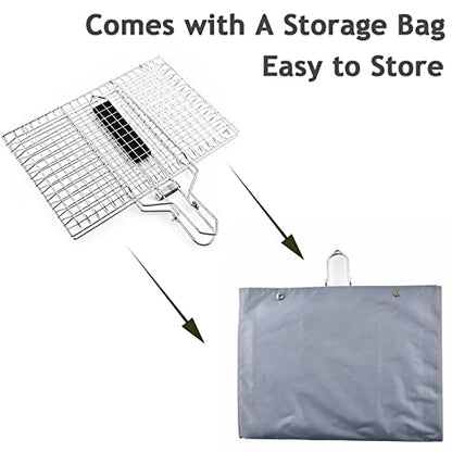 Fish Basket for Grilling- BBQ Basket Stainless Steel Barbecue Basket with Foldable Handle, Portable Outdoor/Camping Grilling Accessories, Grill Vegetable Basket for All Grills（13.2 X 8.6 Inches） - style: Fish Basket
