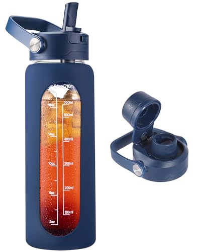 CIVAGO 24 oz Glass Water Bottle with Detachable Straw and Time Maker - color: .Navy Blue, size: 24 Ounces