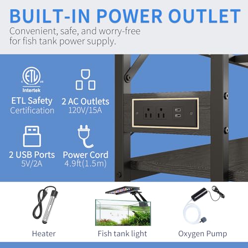 40 Gallon Fish Tank Stand with Power Outlets, Adjustable Aquarium Stand, Heavy Duty Terrarium Stand, Metal reptile tank stand, Suitable for Home Office,660LBS Capacity, Black - color: Black, size: 40 Gallon