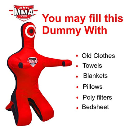 Kids Grappling Standing Dummy - Unfilled – Wrestling, Jiu-Jitsu, MMA Training Dummy with Moveable Arms and Legs – Durable Polyester Fabric - color: Red-Sit, size: 6 ft-72 Inch