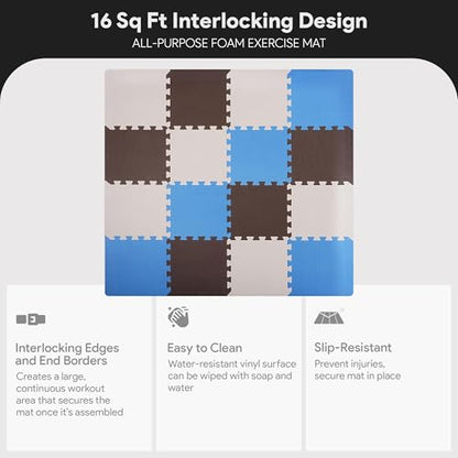 BalanceFrom 16-Pack 12x12 Inches EVA Interlocking Foam Play Tile Mat, Blue/Brown/Beige – 0.4-Inch Thick Non-Slip Puzzle Flooring for 16 Square Feet in Playroom, Nursery, or Playpen at Home
