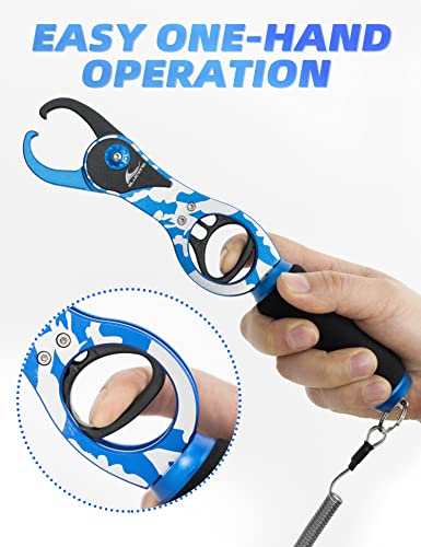 BLUEWING 10 Inch Fishing Gripper 1pc Aluminum Alloy Fish Lip Catcher Grabber with Coiled Lanyard