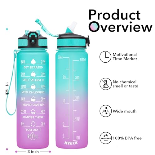 Hyeta Water Bottle with Straw & Time Marker, Plastic 32oz Leakproof - color: Green-Purple