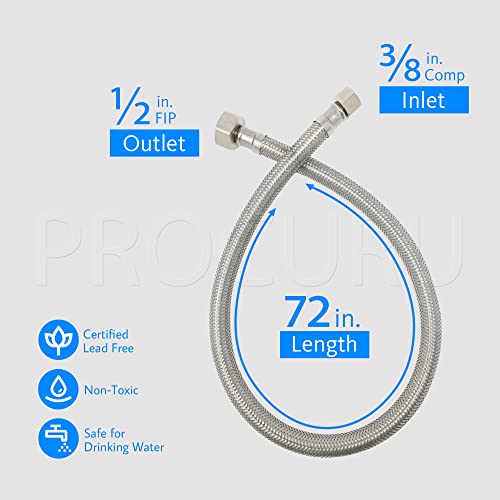 [2-Pack] PROCURU 72" (6Ft) x 3/8" Comp x 1/2" FIP Faucet Hose Connector, Stainless Steel Braided Supply Line, Certified Safe (9SF72-2P) - size: 72 Inch