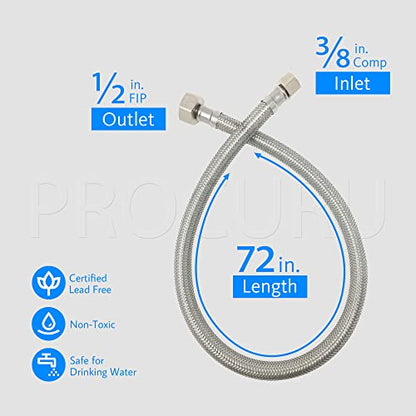 [2-Pack] PROCURU 72" (6Ft) x 3/8" Comp x 1/2" FIP Faucet Hose Connector, Stainless Steel Braided Supply Line, Certified Safe (9SF72-2P) - size: 72 Inch
