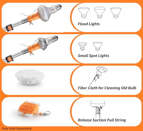 Light Bulb Changer Attachment Kit // High Reach Light Bulb Changer Grabber Fits All Extension Poles with Standard Acme Thread // Includes 2 Suction Cups and a Microfiber Cloth (Pole Sold Separately)