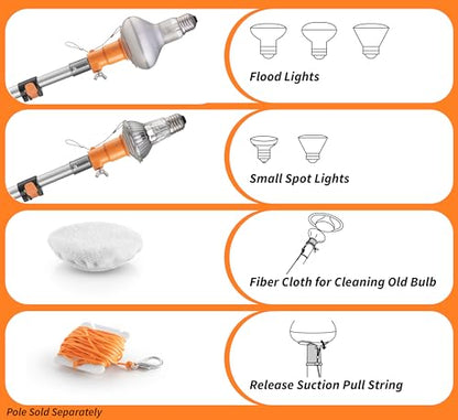 Light Bulb Changer Attachment Kit // High Reach Light Bulb Changer Grabber Fits All Extension Poles with Standard Acme Thread // Includes 2 Suction Cups and a Microfiber Cloth (Pole Sold Separately)
