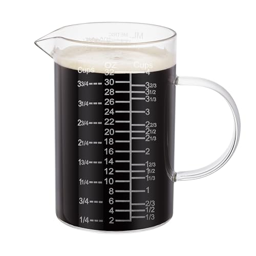 Ackers Etched Graduated Glass Measuring Cup - [Insulated Handle | V-Shaped Spout] - High Borosilicate Glass Measuring Cup for Kitchen or Dining, Easy to Read,1000 ML (32 Oz, 4 Cup) - size: 1000 ML (32 Oz, 4 Cup) - Etched Graduated