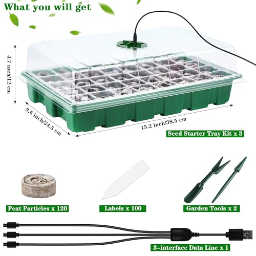 3 Pack Seed Starter Tray Kit with Grow Light Germination Trays with Humidity Dome, 120 Peat Pellets, Gardening Tools, Plant Labels, Plant Growing Trays for Seeds Growing Starting, Green - color: Green