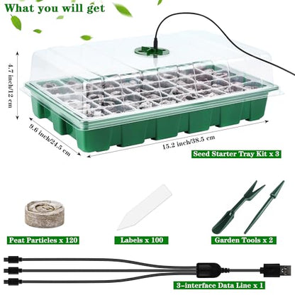 3 Pack Seed Starter Tray Kit with Grow Light Germination Trays with Humidity Dome, 120 Peat Pellets, Gardening Tools, Plant Labels, Plant Growing Trays for Seeds Growing Starting, Green - color: Green
