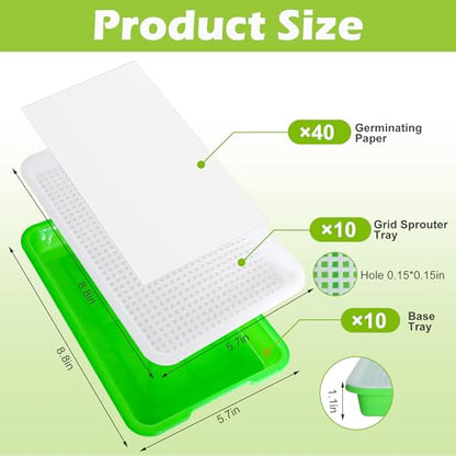 10 Pack Seed Sprouter Tray with Drain Holes - BPA Free Seed Garden Plant Germination Propagation Trays, Soil-Free Wheatgrass Tray Sprouter Microgreens Growing Kit with Germinating Paper