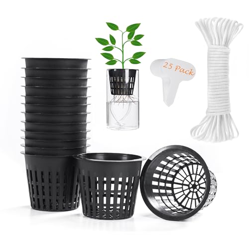 25 Pack Net Pots 3 inch Hydroponic Pots Come with 25 ft Self Watering Wick & 25 Pcs Plant Label Aquaponics Mason Jar Insert Orchid Netted Basket Slotted Mesh Garden kratky Growing Vegetable - size: 3 inch (25 Pack)