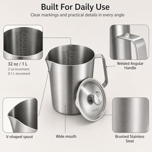 QWORK 304 Stainless Steel Measuring Pitcher with Lid 32oz/1L, Dual Scales Wide Mouth Graduated Cup for Espresso, Milk Frothing Jug with Handle