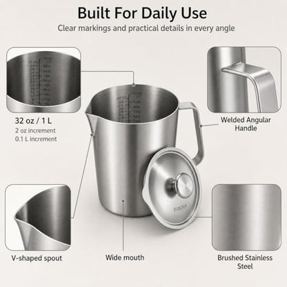 QWORK 304 Stainless Steel Measuring Pitcher with Lid 32oz/1L, Dual Scales Wide Mouth Graduated Cup for Espresso, Milk Frothing Jug with Handle