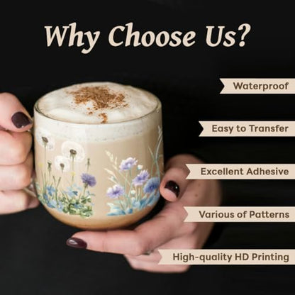UV DTF Cup Wraps Transfer Stickers Flower Cluster Pattern, 10 Sheets Waterproof Custom Vinyl Transfer Sticker 16oz Coffee Glass Cup Tumbler Bottle Mug Decals for Men Women - style: Flower cluster