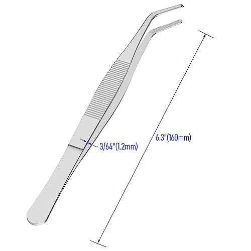 6.3 Inch Stainless Steel Tweezers, Curved Round Blunt Serrated Tip, Perfectly Aligned, 3/64 Inch Thickness Stainless Steel, Multipurpose Daily Garden Home Lab Craft Repairing Tool