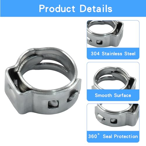 Litoexpe 50 Pcs Single Ear Hose Clamp 7.0mm-8.7mm, Hose Crimp Clamps Ear Crimp Rings, Stainless Steel Pinch Clamp for Securing Pipe Hoses and Automotive - size: 7mm-8.7mm