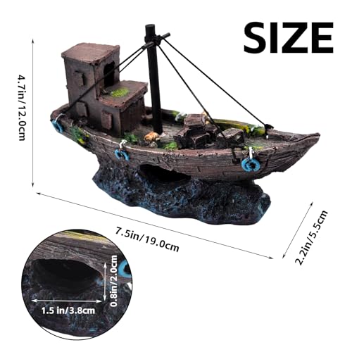 Aquarium Shipwreck Decor Fish Tank Sunken Ship Ornament Pirate Shipwreck Decoration Resin Sunken Boat Betta Fish Sunken Ships Accessories for Freshwater Saltwater Tanks, Dark Brown - style: Sunken ship (A)