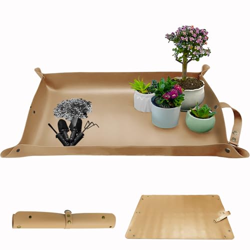 Leather Plant Repotting Mat Waterproof Transplanting Mat Indoor Succulent Potting Portable Gardening Mat, 30" X 18" Thickened Foldable Plant Potting Tray and Mess Control mat - color: Khaki Leather