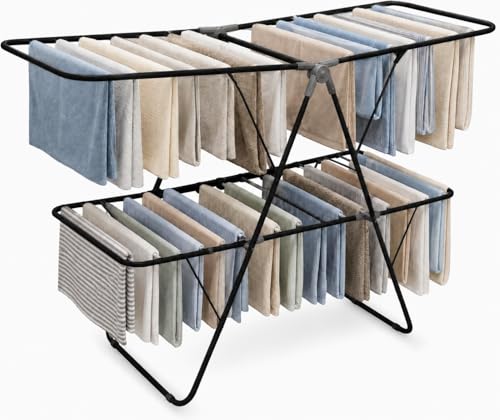 Brookstone 2 Tier Folding Rack - Indoor/Outdoor Collapsible Clothes Dryer Stand Laundry or Shoe Rack, Heavy Duty Freestanding Garment Hanger, Foldable, Clothing Drying Rack, Black - color: Black