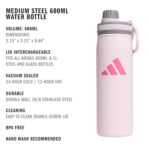 adidas Metal Water Bottle 600 mL | Double-Wall Insulated, Leak-Resistant Lid, BPA-Free, Durable, Workouts & Daily Use - color: Clear Pink/Grey/Pink Fusion/M