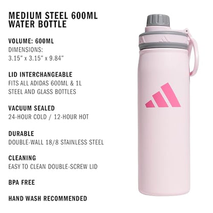 adidas Metal Water Bottle 600 mL | Double-Wall Insulated, Leak-Resistant Lid, BPA-Free, Durable, Workouts & Daily Use - color: Clear Pink/Grey/Pink Fusion/M
