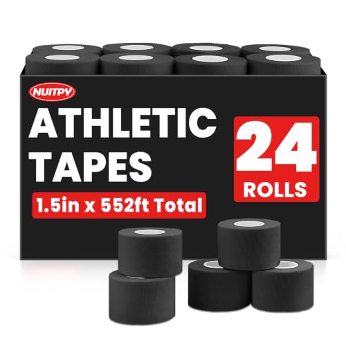 NUITPY 24 Pack Athletic Tape, Black Sports Tape, Easy Tear Wrist Tape, Strong Adhesion Tapes for Boxing, Gymnastics, Hockey, Soccer, Lacrosse and First Aid - color: Black-24 Rolls