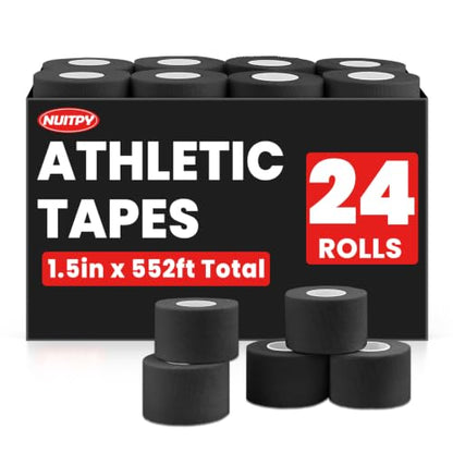 NUITPY 24 Pack Athletic Tape, Black Sports Tape, Easy Tear Wrist Tape, Strong Adhesion Tapes for Boxing, Gymnastics, Hockey, Soccer, Lacrosse and First Aid - color: Black-24 Rolls