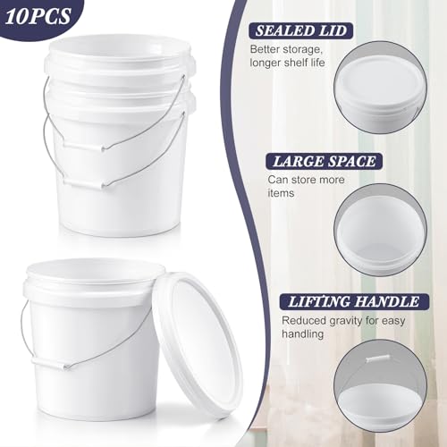 10 Pcs 3.5 Gallon Round Food Grade Bucket with Lid Plastic Buckets Pail with Handle Lid Heavy Duty Buckets for Storing Dry Food Charcoal Camping Fishing(White) - color: White, style: Round
