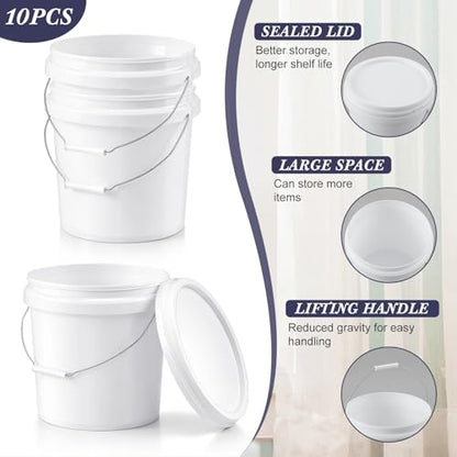 10 Pcs 3.5 Gallon Round Food Grade Bucket with Lid Plastic Buckets Pail with Handle Lid Heavy Duty Buckets for Storing Dry Food Charcoal Camping Fishing(White) - color: White, style: Round
