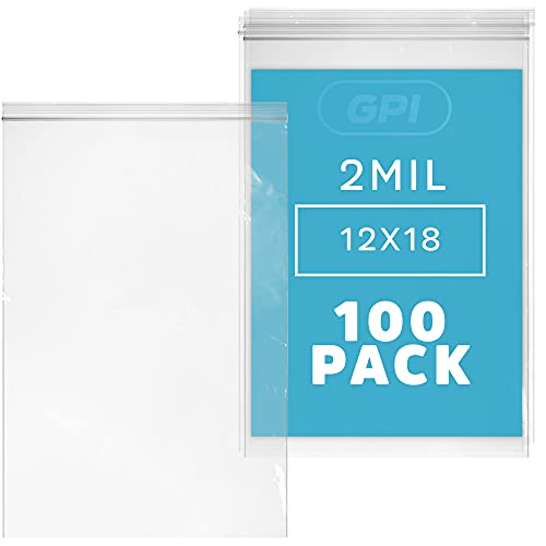 GPI - 12" x 18" Zip Bags, 100 Count, Clear Plastic Reclosable Zipper Poly Baggies, with Resealable Zip Top Lock. for Freezer, Apparel, Clothing, Food, Home & Office Supplies. - size: 12" x 18"