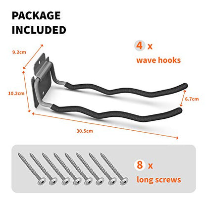 TORACK Garage Tool Organizer Hooks, 4-Pack Heavy-Duty 12" Steel Wave Hooks | Wall Mount Garage Storage Utility Hook for Car Tires, Ladder, Chairs, Power tools, Garden tools - size: 4-Pack 12" Wave Hooks