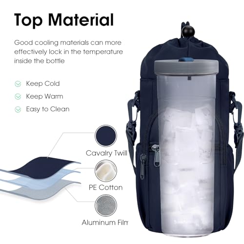 sportsnew 40oz Insulated Crossbody Water Bottle Bag Gym Hiking Phone Pocket - color: Navy Blue