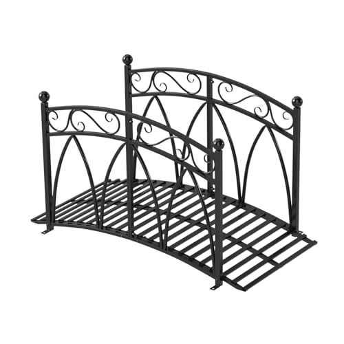 4 Ft Garden Bridge - Metal Footbridge for Outdoors, Safety Side Rails with Fashionable Patterns, Decorative Garden Arch Walkway for Stream, Creek, Pond, Black