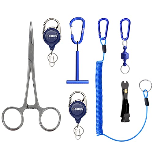 Booms Fishing FF3 7 PCS Fly Fishing Tools Kit, Fishing Knot Tool and Line Clipper Retractor, Magnetic Net Release with Lanyard, Fly Fishing Tippet Spool Holder, Hook Remover Forceps - color: Blue