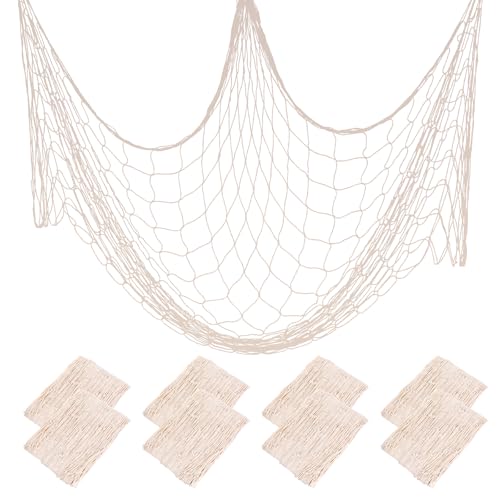 8 Pcs Fish Net Decorations for Party, 78.8" x 39.4" Large Cotton & Linen Fishnet, Nautical Hawaiian Beach Themed Fishing Net for Mermaid Pirate Under The Sea Birthday Decor, Wall Hanging Photo Display