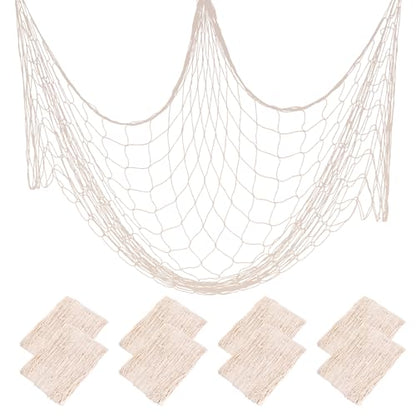 8 Pcs Fish Net Decorations for Party, 78.8" x 39.4" Large Cotton & Linen Fishnet, Nautical Hawaiian Beach Themed Fishing Net for Mermaid Pirate Under The Sea Birthday Decor, Wall Hanging Photo Display