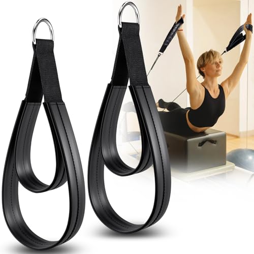TOBWOLF 2PCS Pilates Straps for Reformer, Double Loop D Ring Foot Hand - color: Glossy Black - PU Leather