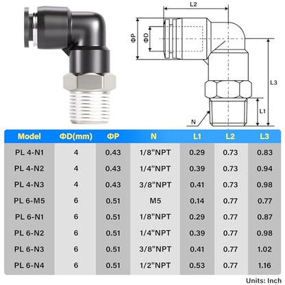 TAILONZ PNEUMATIC Male Elbow 4mm Tube OD x 1/8 Inch NPT Thread 90 Push to Connect Fittings PL4-N1 (Pack of 10) - size: 4mm OD 1/8''MNPT