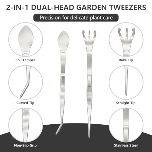 2 PCS Stainless Steel Garden Tweezers Set 2-in-1 Long Plant Tweezers Gardening Tools with 8.9" Curved Tine & 8.7" Straight Rake for Plants, Lawn, Bonsai, Succulents
