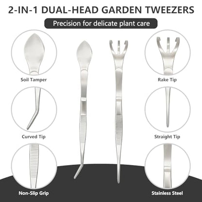 2 PCS Stainless Steel Garden Tweezers Set 2-in-1 Long Plant Tweezers Gardening Tools with 8.9" Curved Tine & 8.7" Straight Rake for Plants, Lawn, Bonsai, Succulents
