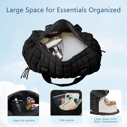 Quilted Gym Bag for Women,Duffle Bag for Travel with Wet Pocket,Carry on Weekender Bags for Women,Travel Bag with Shoe Compartment(Black) - color: Black
